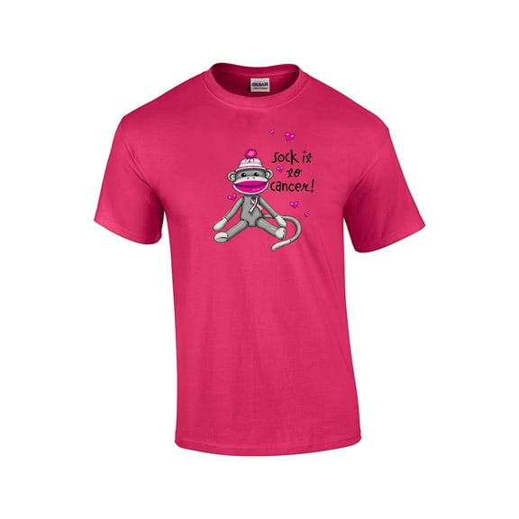 Cancer Awareness T-shirt Sock It to Cancer Monkey Cute Fund Raising Support Breast Raise Unisex Tee Shirt -Fuschia-Small