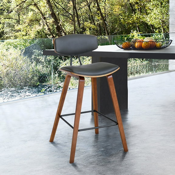 26â€ Gray Faux Leather Mid Century Modern Bar Stool