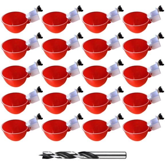 20 Pcs Chicken Waterer Cups, Duck Water Feeder Kit, Automatic Poultry Drinking Bowl with Drill, Includes Large Red Cups and Drill Bit, Ideal for Chickens and Ducks