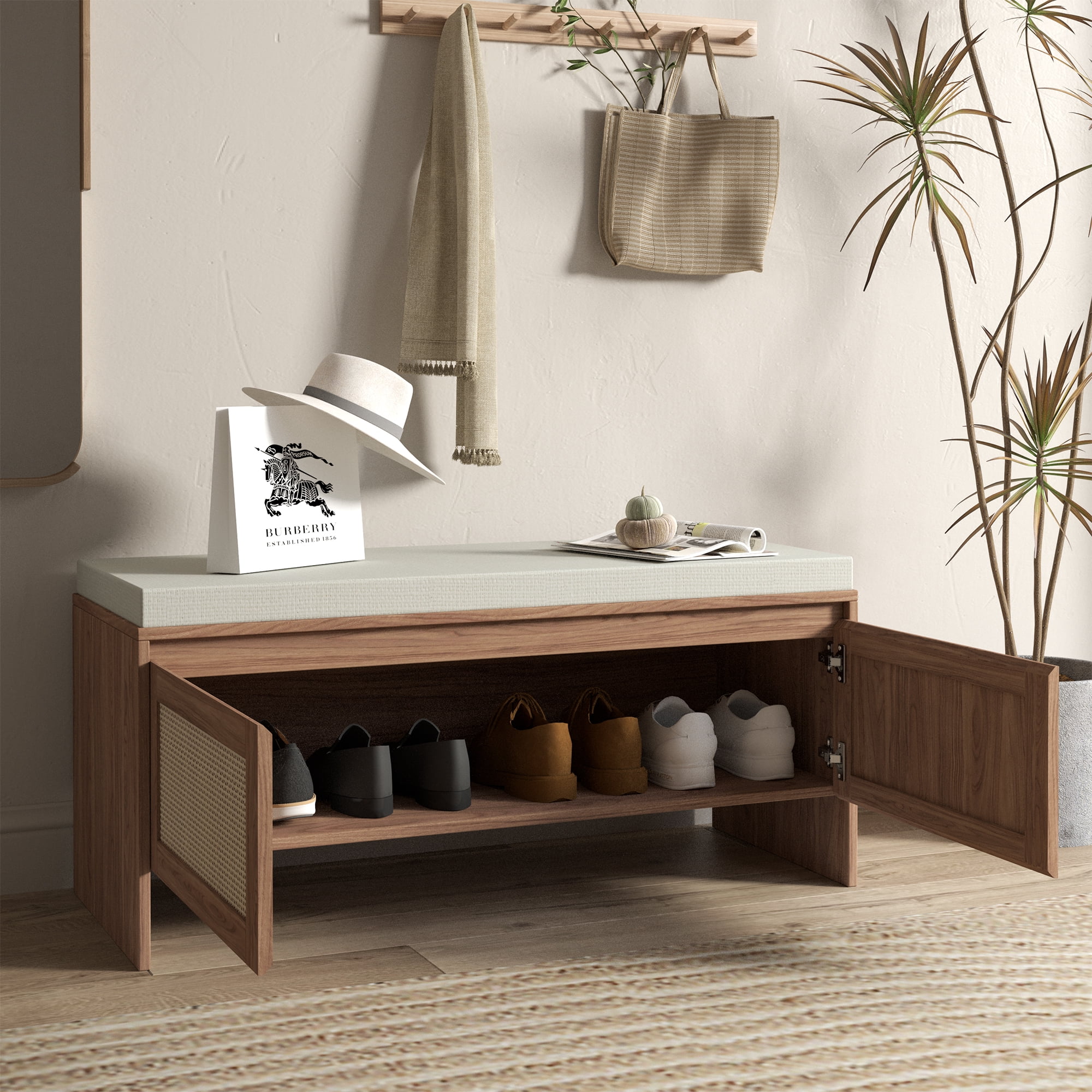 Aukfa Upholstered Entryway Shoe Storage Bench with Faux Rattan Cabinet Doors for Hallway/Bedroom/Living Room,Natural