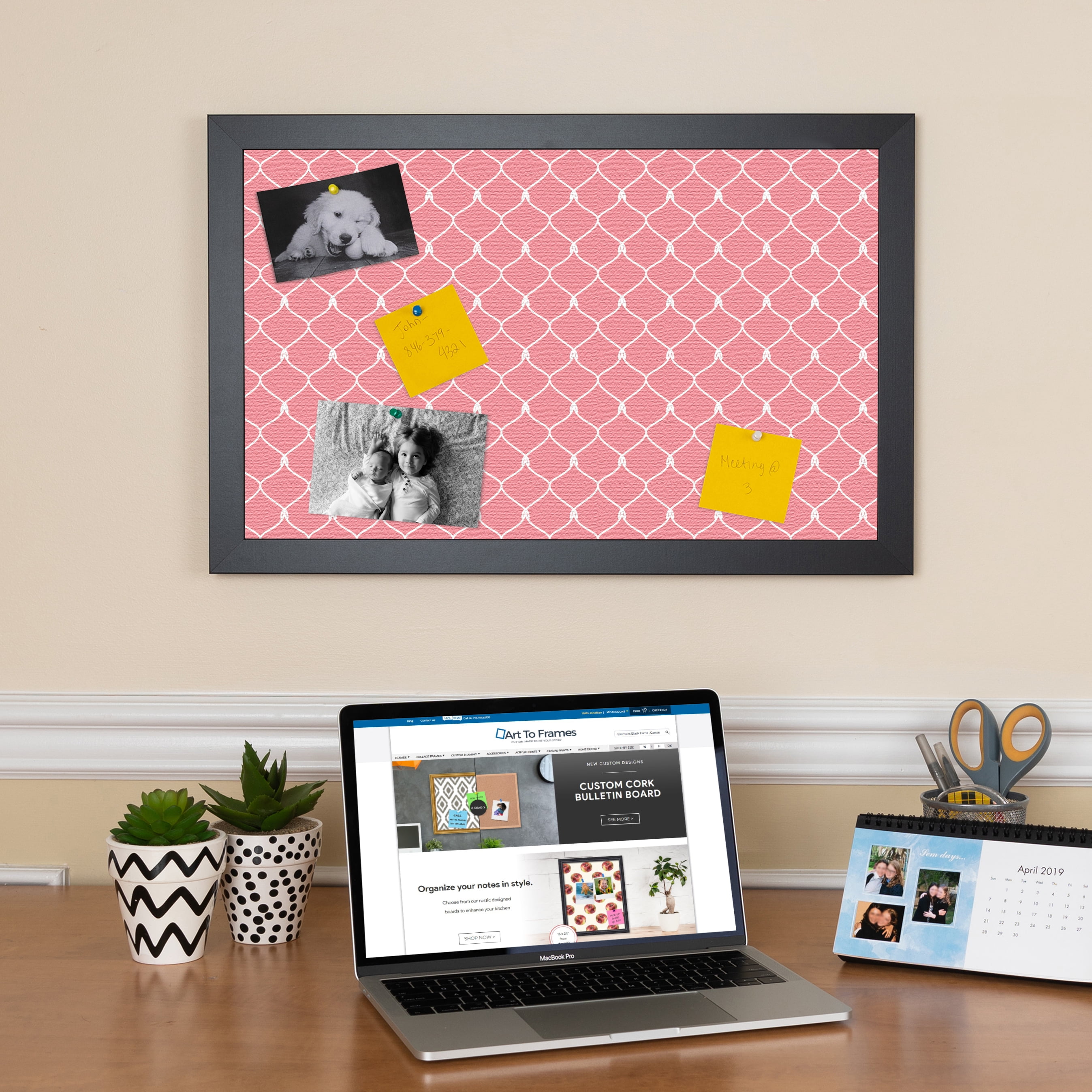 PinPix ArtToFrames 14x18 Custom Cork Bulletin Board Light Pink Chain   Poster Board Has a Fabric Style Canvas Finish, Framed in Satin Black (PinPix-574)