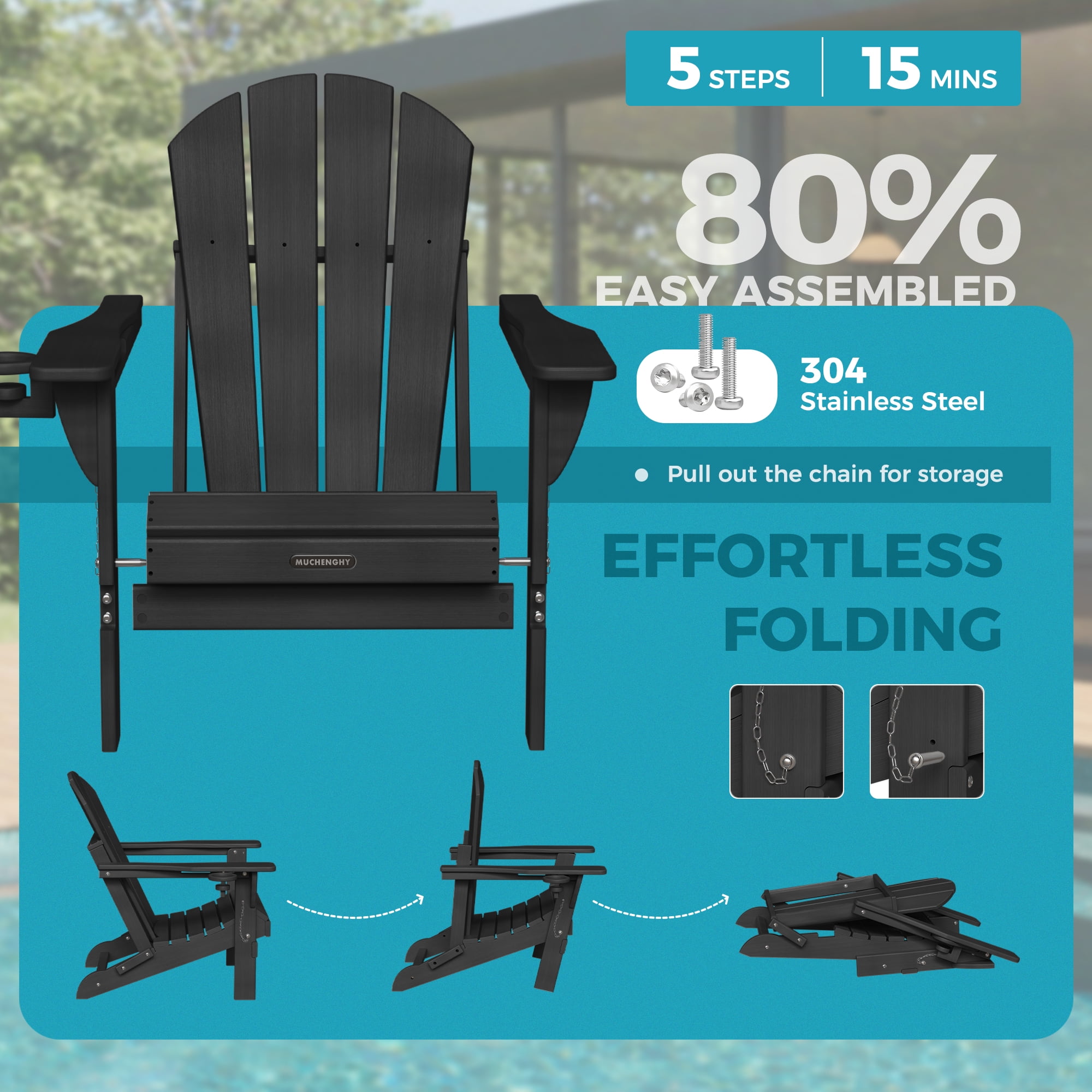 Folding Adirondack Chair Outdoor Patio Fire Pit Chairs with Cup Holder Porch Garden Black