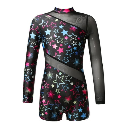 Sholeno Girls Mock Neck Long Sleeves Gymnastics Leotard Ballet Dance Tumbling Unitards Biketards Star Black 16