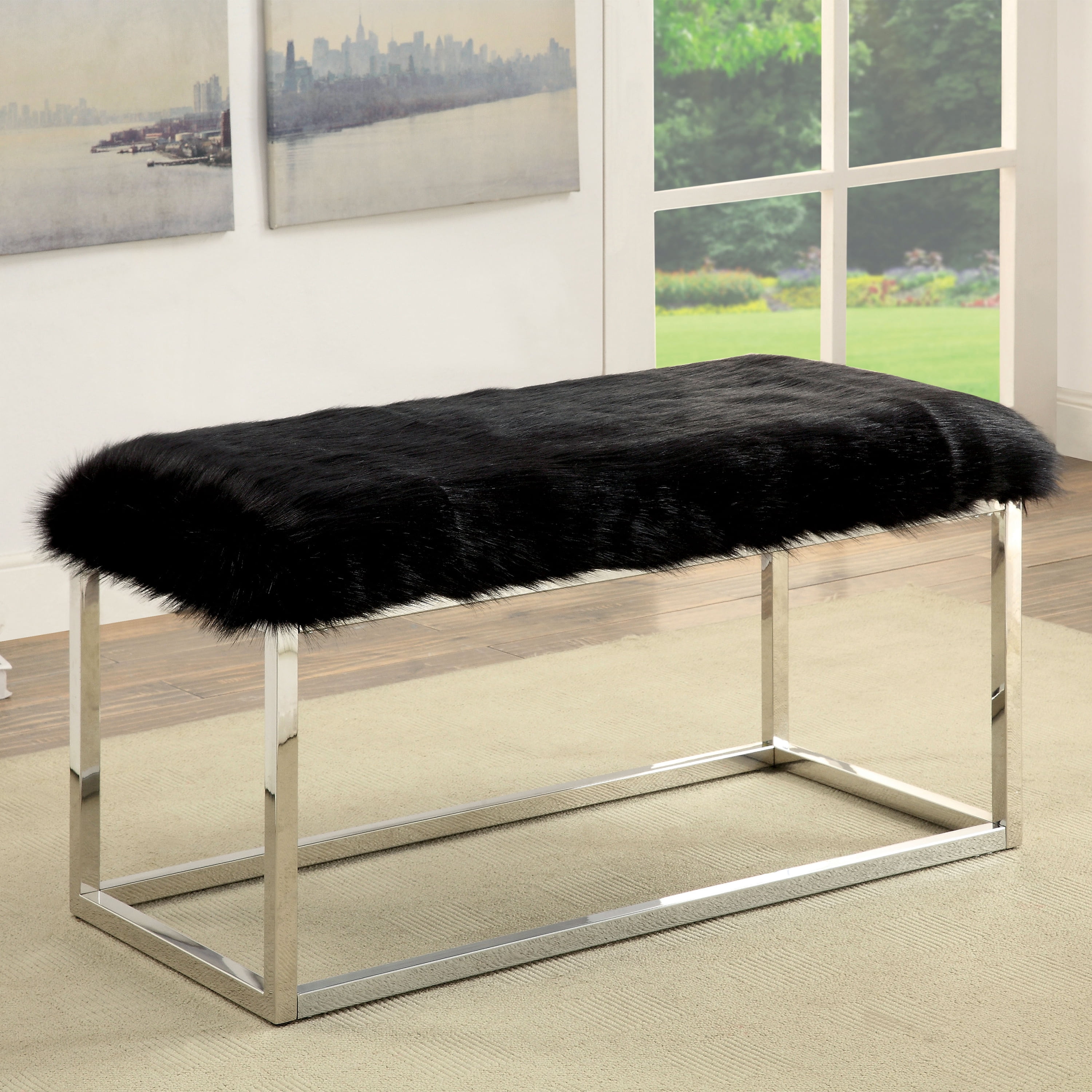 Furniture of America Euna I Contemporary Faux Fur Dining Bench, Black