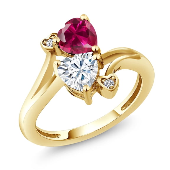 Gem Stone King 18K Yellow Gold Plated Silver Red Created Ruby White Moissanite and White Diamond Ring for Women (1.80 Cttw, Heart Shape 6MM, Gemstone July Birthstone, Size 9)