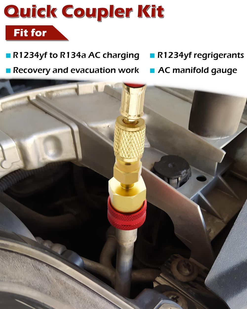 R1234YF to R134A Quick Coupler Adapter Set, High & Low Side AC Charging Connectors, Brass Auto Shut Off Fittings for Car Air Conditioner Refrigerant Service Tool