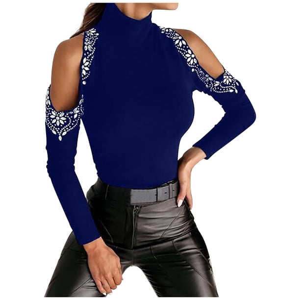 Tops de camisa de diamantes de imitación de cuello alto de manga larga de Color sólido de moda para mujer Fridja ghj987+51
