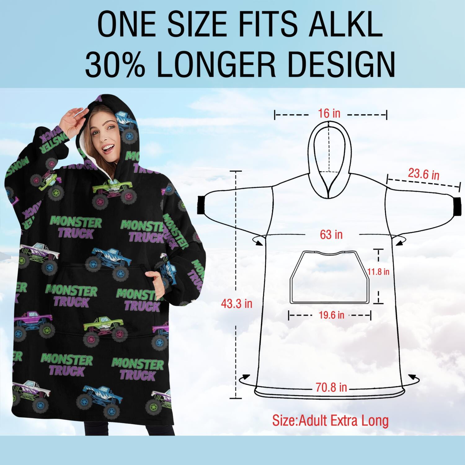Oversized Wearable Blanket Hoodie,Black Monster Cartoon Trucks Pattern Sherpa Blanket Hoodie with Super Pockets,Super Warm Fuzzy Pullover for Women & Men