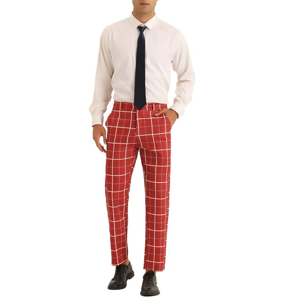 burgundy plaid dress pants Men's Designer Wool Pleated Wide Leg Dress Pants in Burgundy Brick Windowpane Plaid 38 / Brick main image 1