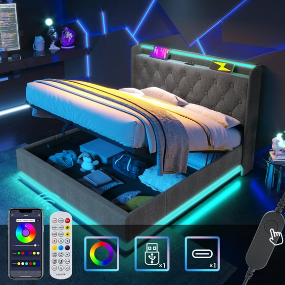 King size Upholstered bed, 360 surround LED function, Buttons/Apps/Remote Control, hydra