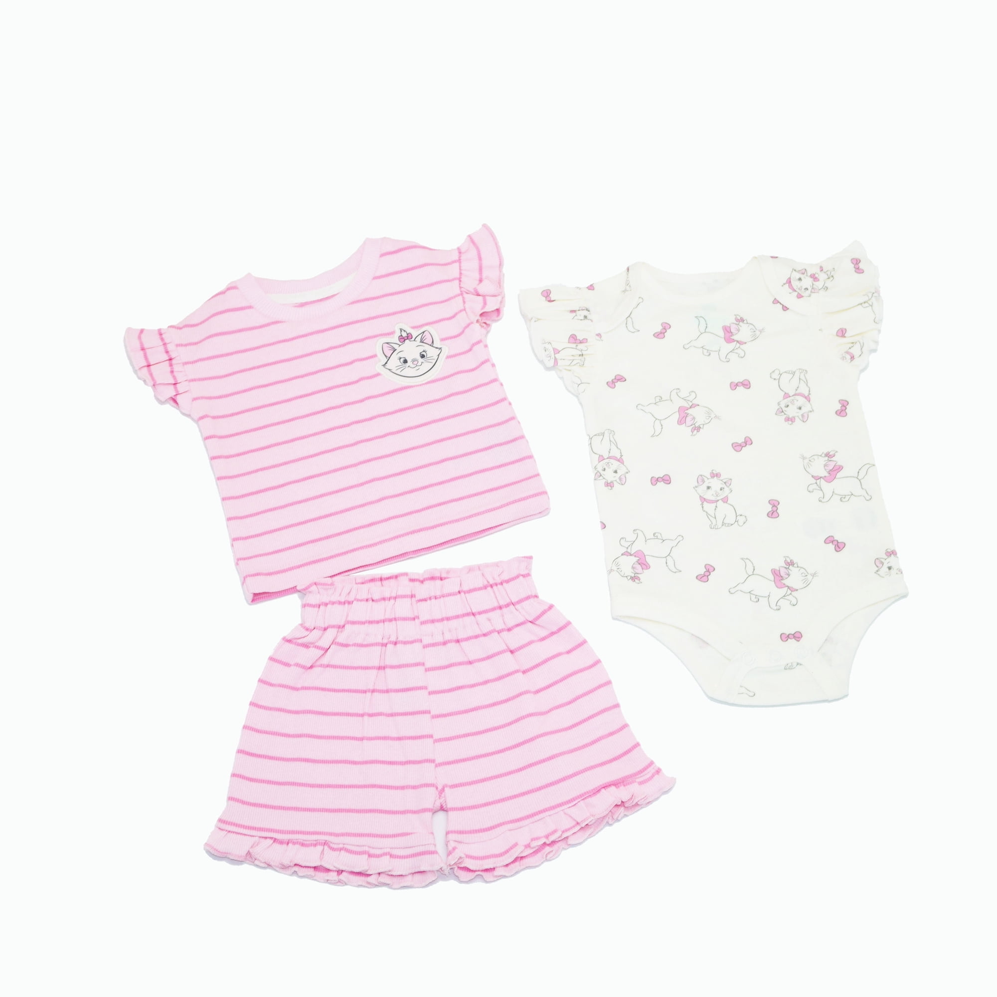 Disney Clothes Baby Girls 3-Piece Short Set – Aristocats Marie Outfit (Pink/White) – 0/3M
