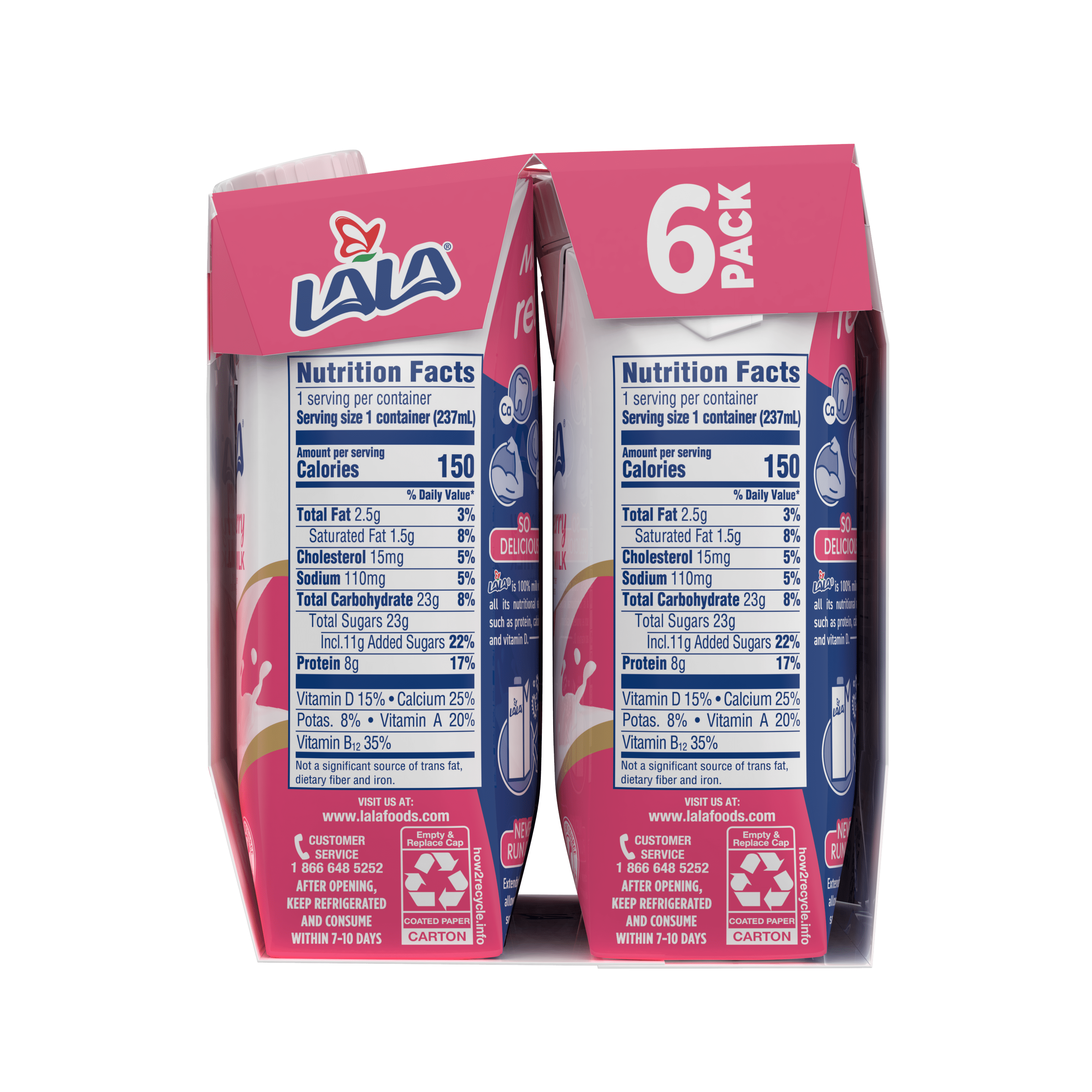 LALA Low Fat Shelf-Stable UHT Milk Drink, Strawberry, 8.25 oz Carton Container (6 Ct)