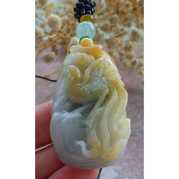 Yellow Green Natural A Jade jadeite Pendant Phoenix Yuan Bao Necklace 676757 TN
