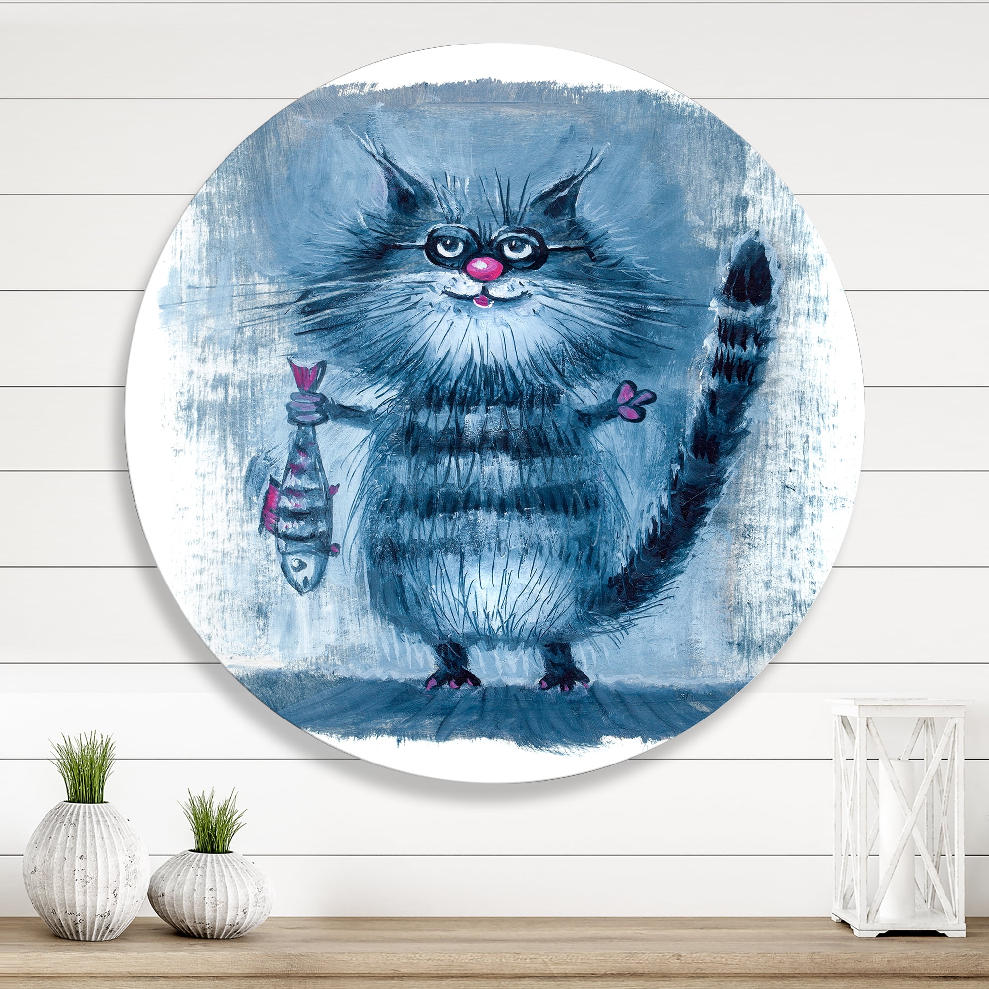 Designart 'Standing Cat Holding A Fish In Its Claws' Nautical & Coastal Circle Metal Wall Art 23x23 - Disc of 23