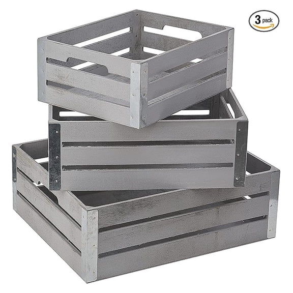 Rustic Wood Storage Crates - Farmhouse Wooden Boxes with Metal Corners, Decorative Bins for Home Decor & Organization - Set of 3, White/Gray