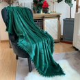 thumbnail image 1 of Manta de franela con flecos de pompón, ligera y acogedora, suave manta para sofá adecuada para todas las estaciones (verde esmeralda, 130 x 150 cm), 1 of 5