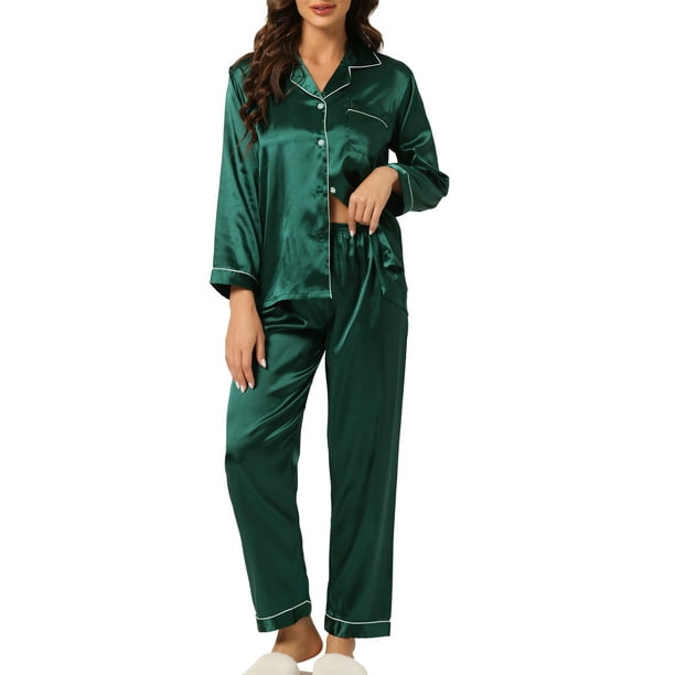 Conjunto de salón de satén para mujer INSPIRE CHIC, camisa de botones de manga larga con pantalones, pijamas de seda XS verde oscuro