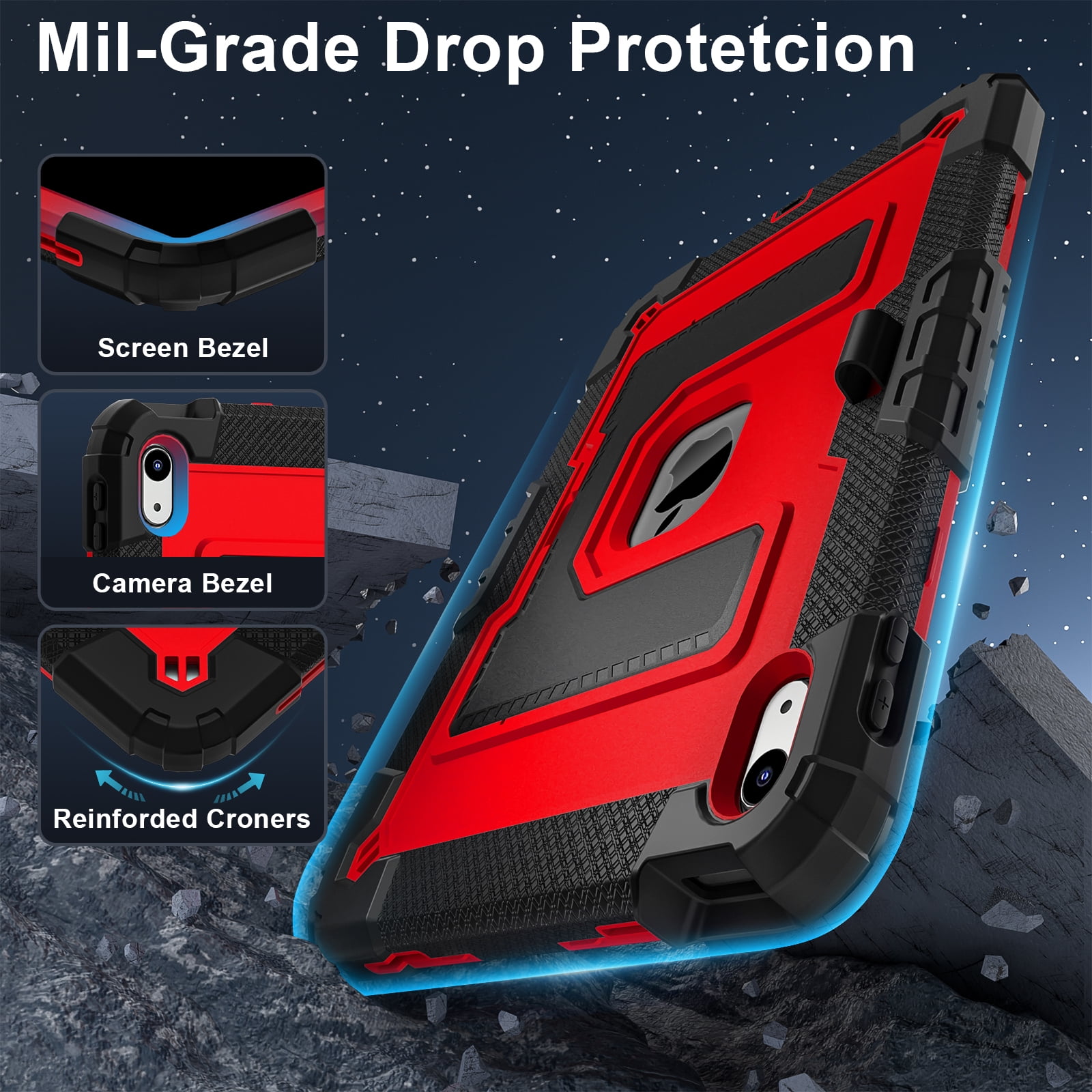 Allytechgroup Rugged Case for Apple iPad Mini 7th Gen / iPad Mini 6th Gen 8.3 Inch, Heavy Duty Protective Tablet Case with Kickstand, Pencil Holder & Detachable Shoulder Strap, Black+Red