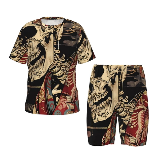 Balery Gothic Eastern Floral Skull Conjunto de Pijama Infantil de Manga Corta con Estampado – Ropa de Dormir de Algodón Suave-Small