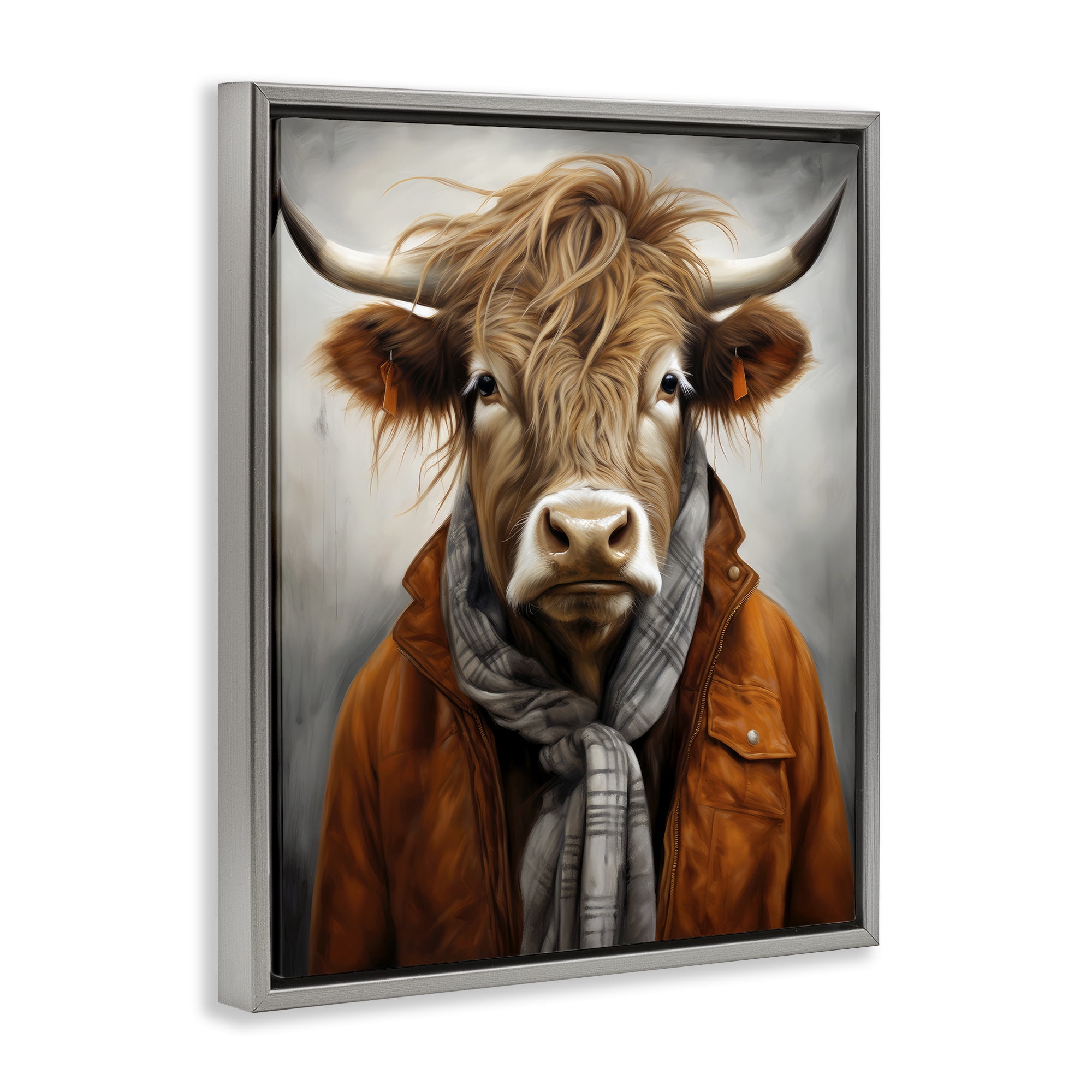 Stupell Industries Buster Bull Horn Portrait Gray Framed Floater Canvas Wall Art, design by Ray Powers