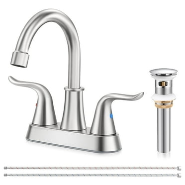 Coliware 2-Handle Centerset Bathroom Sink Faucets, Lead-Free Stainless Steel Bathroom Faucet Monomando Brush Nickel with Pop-Up Drain 2 Water Supply Hoses for 3 Hole Sink, Close Faucet Bathroom Set