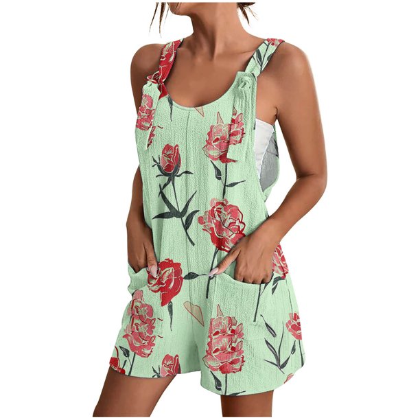 Pantalones Cortos de Mujer Casual Suspender Impresión Pantalones Cortos de Bolsillo, Pantalones Cortos de Mujer con Bolsillos