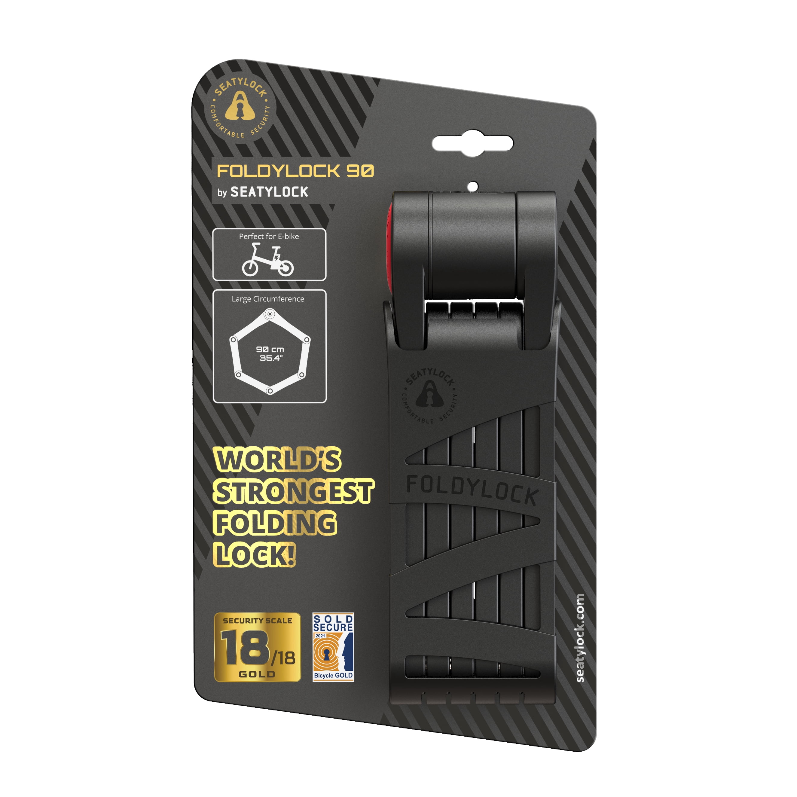 Seatylock FoldyLock 90cm Black with Red - Premium High Security Folding Bike Lock - Sold Secure Gold Rated Heavy Duty Anti Theft Guard with Keys