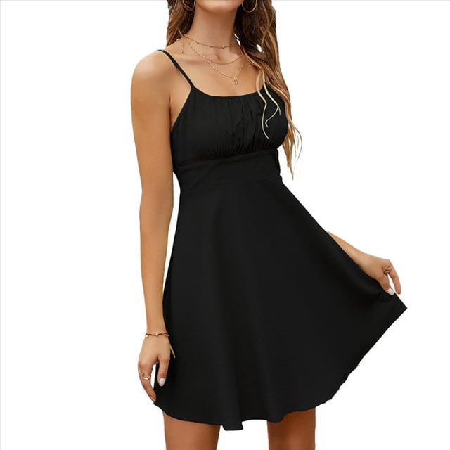 Vestido Mini Plisado con Tirantes Finos y Corsé para Mujer, Corte en A, Entallado y Acampanado. Negro L