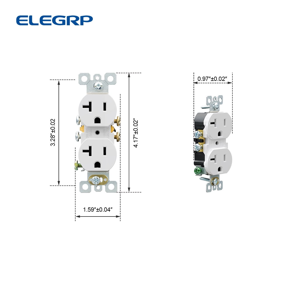Duplex Receptacle 20A 125V , 2 Pole 3 Wire Standard Electrical Wall Outlet, 5-20R, Self-Grounding, side wire, UL Glossy White, 10 Pack
