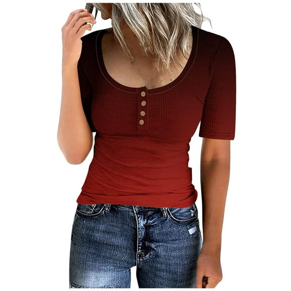 Women's Fashion 2024 Y2K Tops Dressy Casual Summer Clothes for Teen Girls Gradient Color Button up Neck Round Neck Blouse Short Sleeve Tunic Tops for Lady Loose Fit Flowy Vintage Wine T Shirts XL