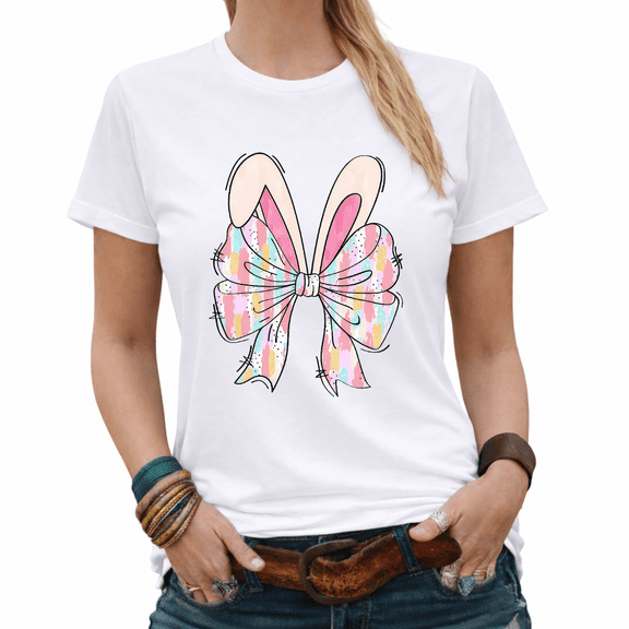 Easter Lover Bunny Ears Pastel Bow Graphic Tees Womans Tshirt White/Black S-5XL Tops