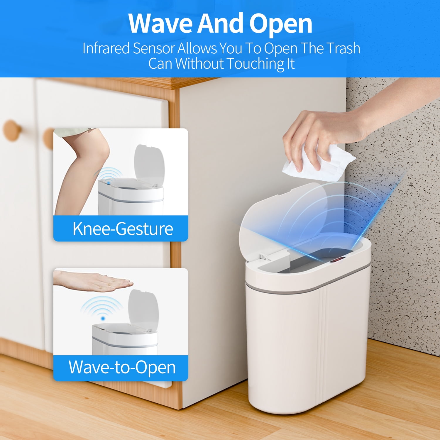 TINANA Automatic Sensor Trash Can: 3.7 Gallon Plastic Garbage Bins, 14L Waterproof Touchless Slimline Wastebasket for Bathroom, Bedroom, Kitchen, Office, White