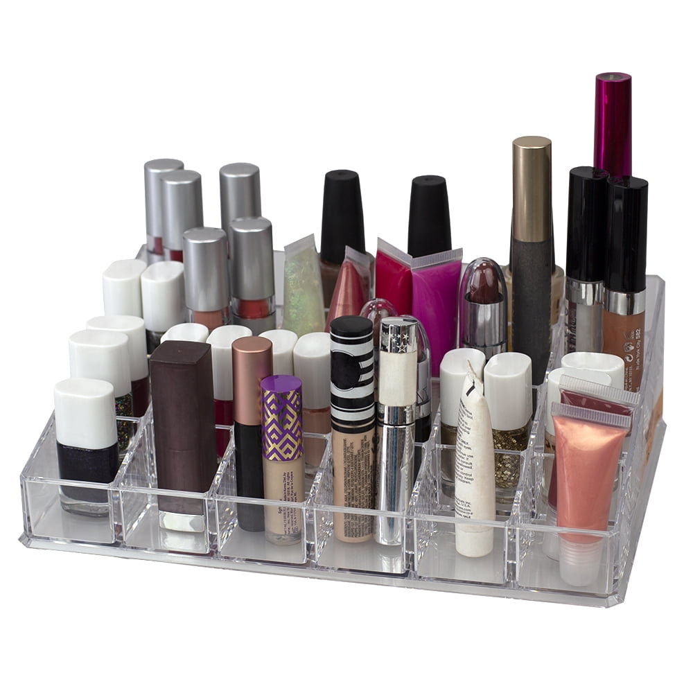 24 Compartment Transparent Plastic Cosmetic Makeup and Nail Polish Storage Organizer Holder, Clear