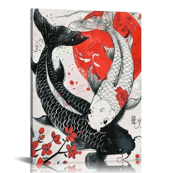 Lingy Japanese Yin Yang Wall Art-Koi Fish Wall Decor Cherry Blossoms Canvas Wall Art Poster Black White and Red Picture Japanese Art Wall Decor Poster Picture, (koi fish)