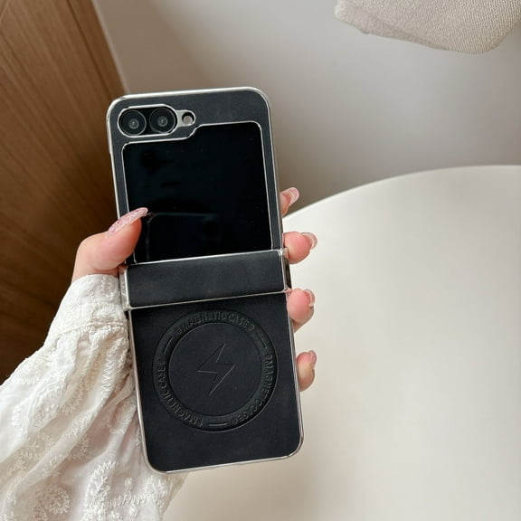 for Samsung Galaxy Z Flip 5 Magnetic Case with PU Leather Back & Plated Frame, Compatible with MagSafe, Fashion Ultra Slim Lightweight Drop Protective Phone Case Cover for Men and Women, Black
