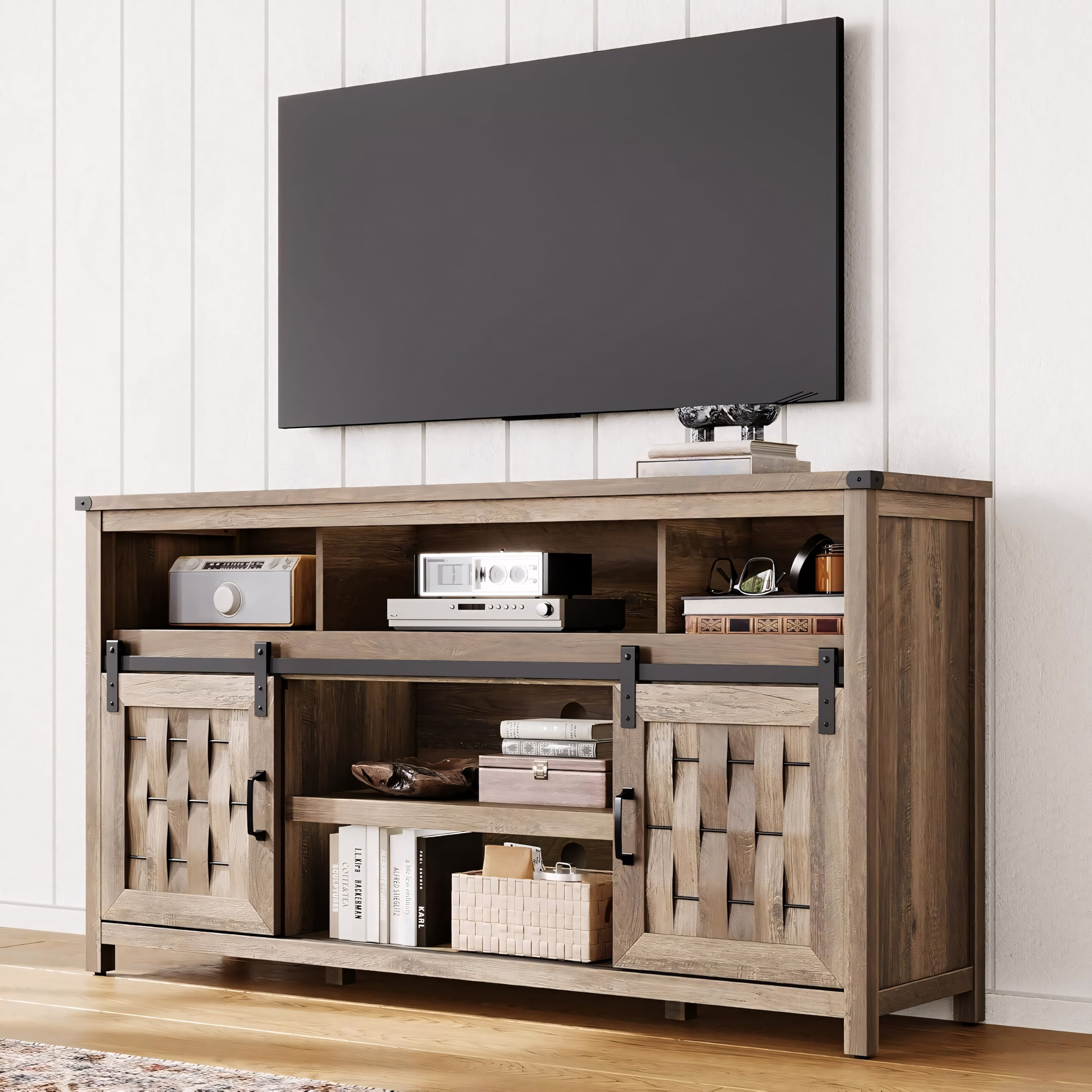Tall Farmhouse TV Stand for 70 Inch TVs with Sliding Barn Door and Storage Shelves Light Brown