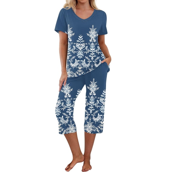 Tnhcen Women's Capri Pajama Sets Short Sleeve Shirt Capri Pants with Pockets Sleepwear Homewear Sets S-2XL