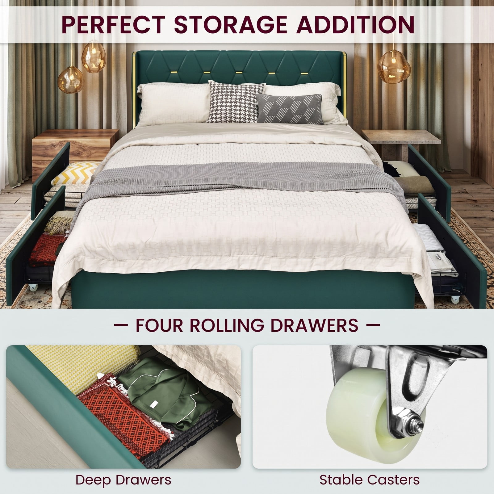 Furnibear Queen Bed Frame with Storage, Upholstered Platform Bed with High Headboard, 4 Storage Drawers and Gold Trim, No Box Spring Needed, Green