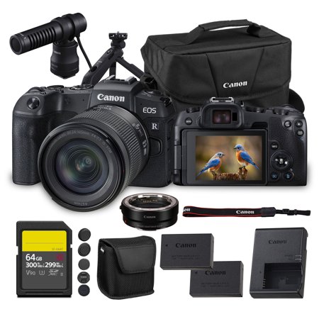 Canon EOS RP Mirrorless Camera with 24-105mm f/4-7.1 Lens | 26.2MP Full-Frame Sensor Dual Pixel AF & 4K Video | For Travel & Portrait Photography (3380C132) + Adapter EF-EOS R + DM-E100 Mic + More