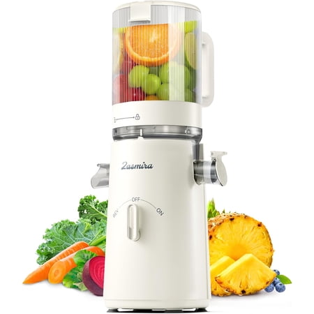 Cold Press Juicer, Zasmira Juicer Machines with Large Feeding Chute, Powerful Slow Juicer with Pulp Seperation, 99.6% Juice Purity, Easy to Clean, White