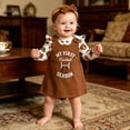 thumbnail image 2 of Pandaie Baby Girls Outfit Long Sleeve Football Bow Print Bodysuit Sleeveless Corduroy Overall Dress Matching Bow Headband Fall Game Day Play Sets Brown,6-12 Months, 2 of 7