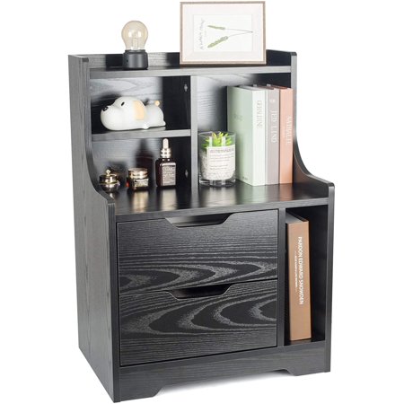PULUOMSI Wooden Bedside Table with Storage Shelf 2 Drawers Nightstand Side Table Cabinet Bedside Furniture Black Finish