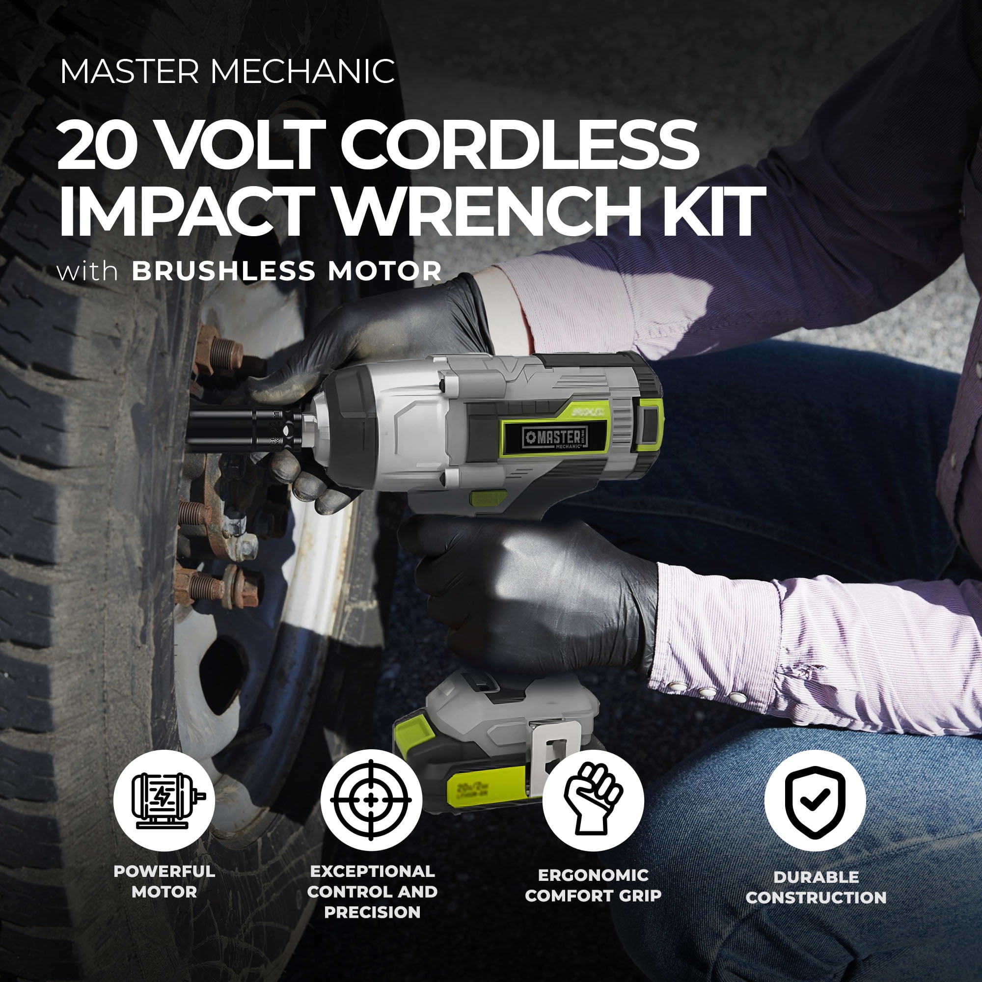 Master Mechanic 20 Volt Cordless Impact Wrench Kit with Brushless Motor