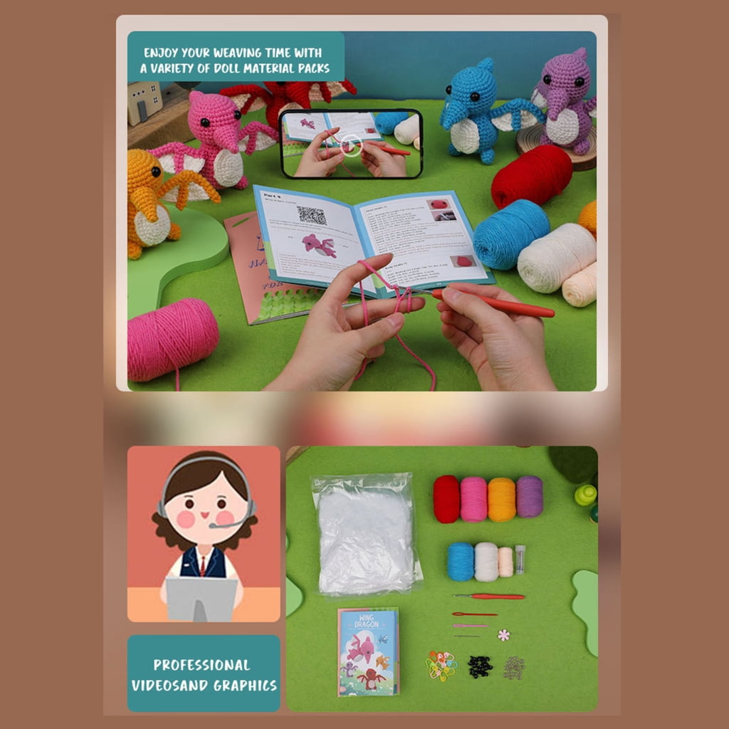 Crochet Dragon Kits with Yarn, Crochet Hook, Needle, Knitting Marker, Eyes, Needle Threader, Instruction