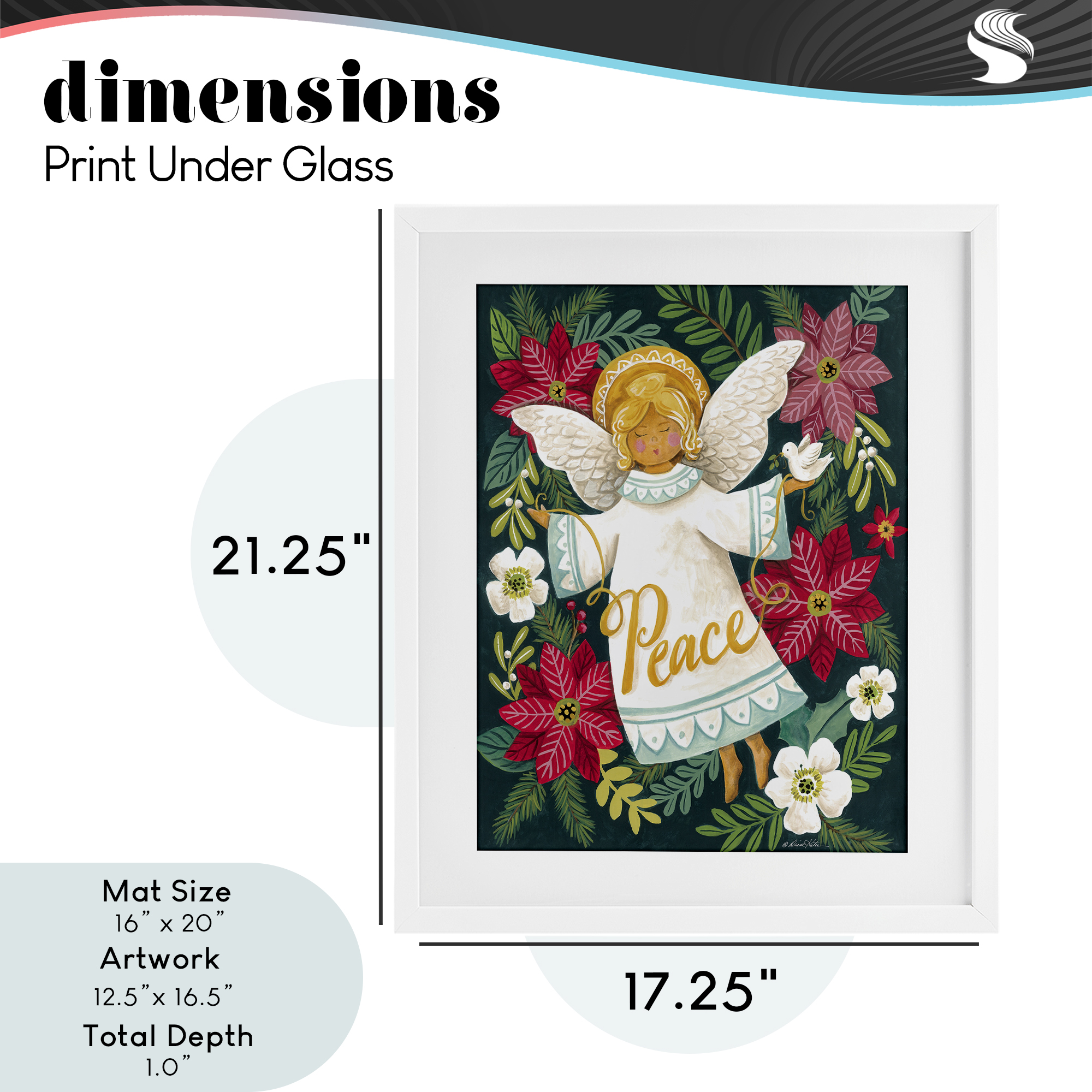 Angel with Peace & Botanicals White Framed Print Under Glass, design by Diane Kater