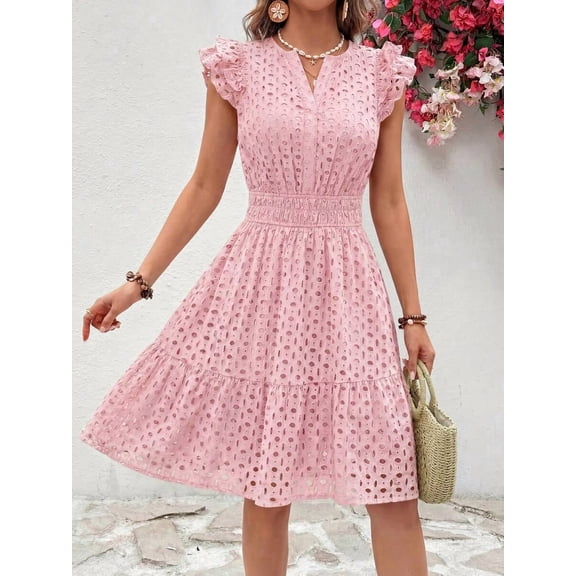 Pink Eyelet Cap Sleeve V-Neck A-Line Tiered Sundress For Women