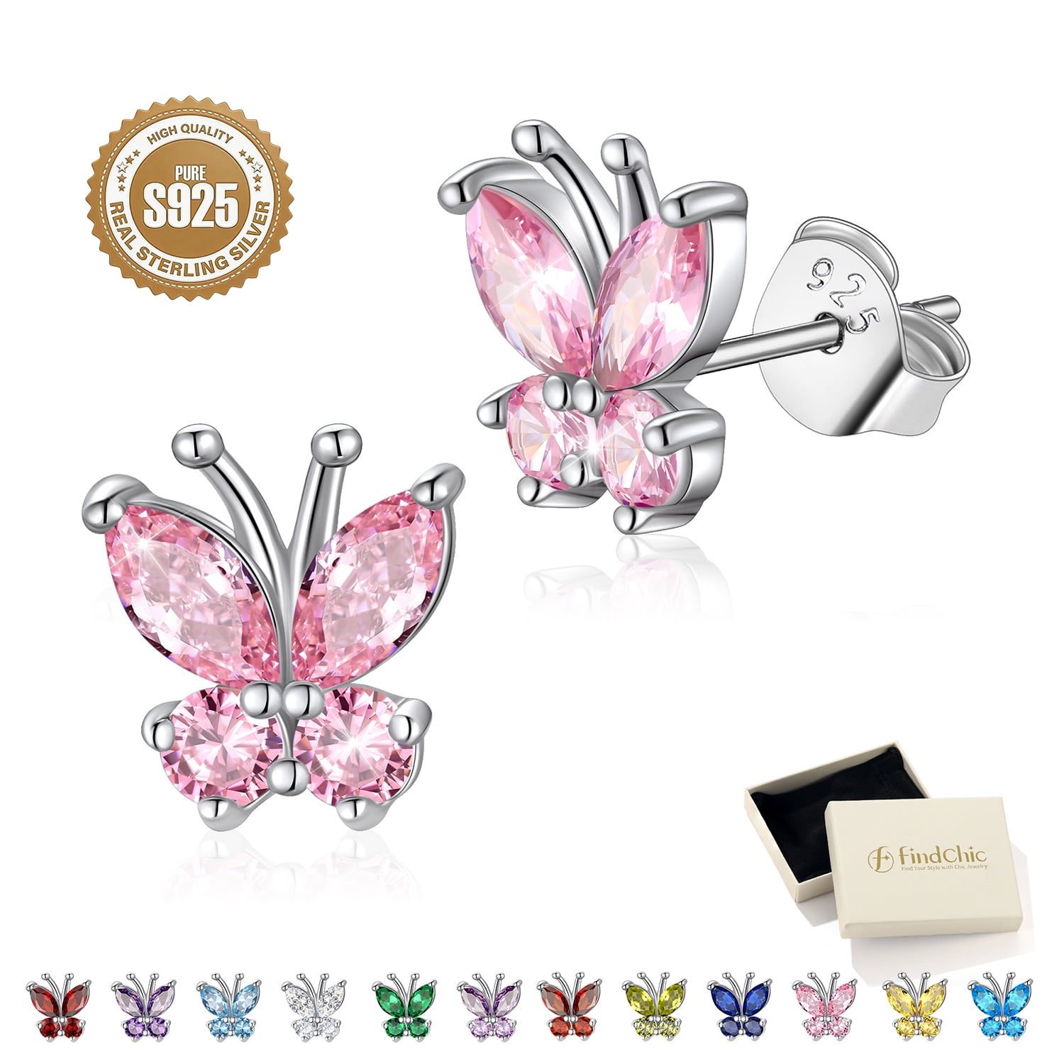 FindChic Butterfly Stud Earrings for Women, 925 Sterling Silver Birthstone Earrings, Synthetic Pink Tourmaline Jewelry Gifts for Birthday Christmas Mom Wife Stocking Stuffers Adult Age