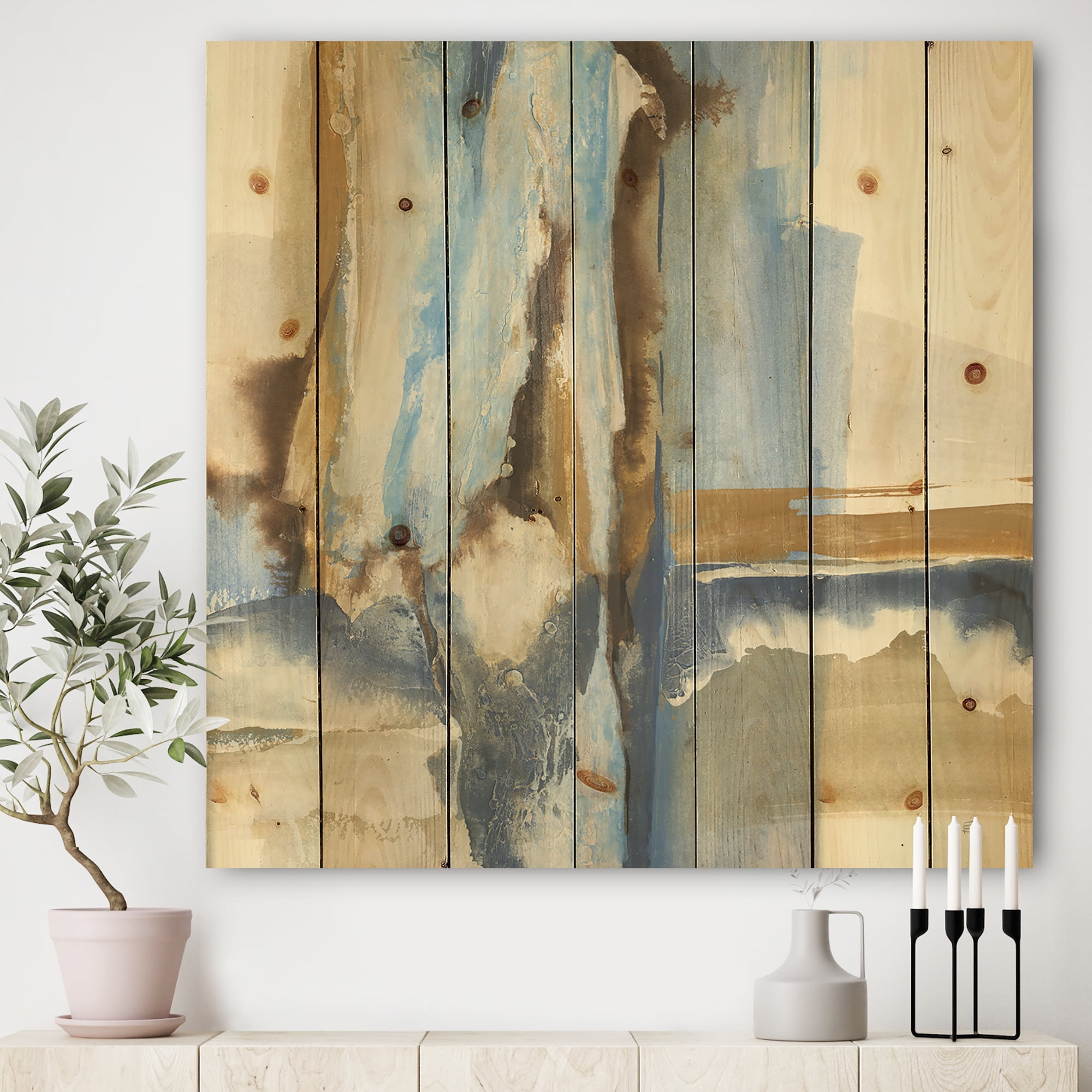 Designart 'Abstract River Run II' Modern & Contemporary Print on Natural Pine Wood