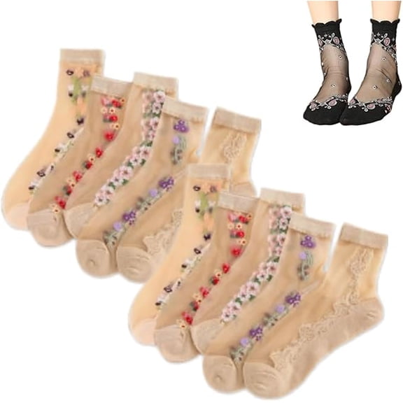 10 Pairs Sheer Floral Ankle Socks for Women, Breathable Transparent Lace Glass Stockings, Soft Fashion Dress Hosiery (K)