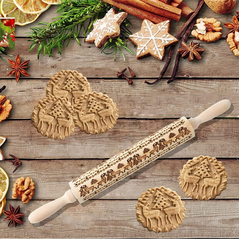 Embossed wooden rolling pin, carved embossed rolling pin with elk